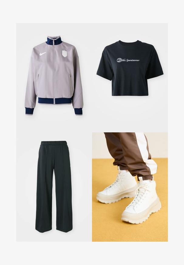 Jaqueta bomber cinza claro com colarinho e punhos em azul-marinho, fecho frontal, bolsos laterais e um logotipo e emblema brancos no peito.; T-shirt preta de algodão, cortada, com mangas curtas, apresentando o texto branco "Vice Sportswear" e um gráfico circular na parte da frente.; Calças atléticas largas e pretas com um cós elástico. Feitas de um tecido liso e elástico, com costuras frontais discretas e sem bolsos.; Ténis brancos de cano alto com uma sola grossa e texturizada, apresentando um cabedal liso, bico redondo e atacadores tonalizados, sobre um fundo amarelo.