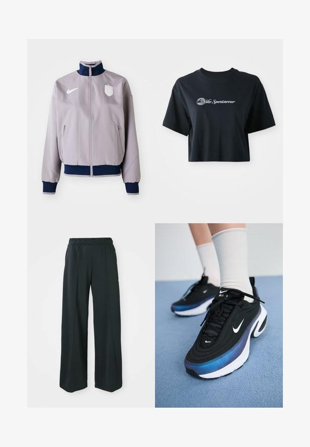 Light gray bomber jacket with a navy collar and cuffs, front zipper, side pockets, and a white logo and emblem on the chest.; Cropped black cotton t-shirt with short sleeves, featuring white text "Vice Sportswear" and a circular graphic on the front.; Black, wide-leg athletic pants with an elastic waistband. Made from smooth, stretchy fabric, featuring subtle front seams and no pockets.; Black Nike sneakers with a smooth fabric upper, featuring a gradient blue-to-black design, white sole, and prominent logo accents.