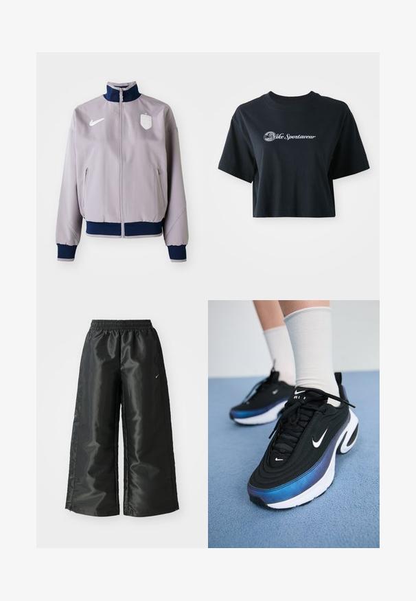 Lys grå bomberjakke med marineblå krage og mansjetter, frontglidelås, sidelommer og en hvit logo og emblem på brystet.; Kuttet svart bomull t-skjorte med korte ermer, med hvit tekst "Vice Sportswear" og en sirkulær grafikk på fronten.; Svarte treningsbukser med en blank, glatt stoff, som har et elastisk liv, vide ben og en liten logo på venstre side.; Sorte Nike joggesko med en glatt stoffoverdel, med et gradientdesign fra blått til svart, hvit såle og fremtredende logoaksenter.