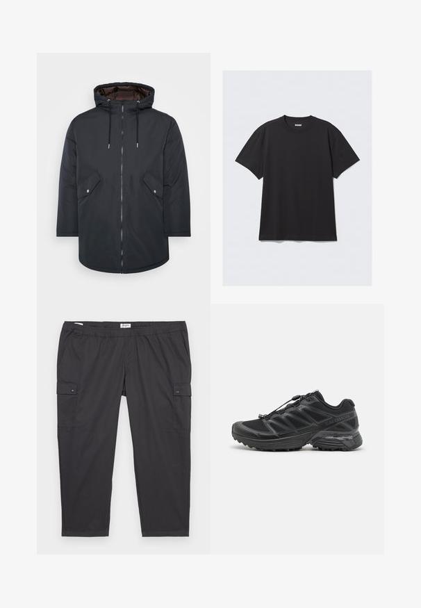 Schwarzer isolierter Parka mit Kapuze, Reißverschluss, zwei Fronttaschen und Zugbändern. Glattes Außenmaterial und kontrastierendes Innenfutter.; Schwarzes T-Shirt mit kurzen Ärmeln aus Baumwolle. Hat einen Rundhalsausschnitt und eine lockere Passform. Einfaches Design ohne sichtbare Muster oder Akzente.; Schwarze Cargo-Hosen mit einem elastischen Bund, seitlichen Taschen und Druckknopfdetails. Hergestellt aus leichtem, glattem Stoff.; Schwarzer Laufschuh mit Obermaterial aus Mesh und Synthetik, flexibler Sohle und elastischen Schnürsenkeln. Verfügt über eine gepolsterte Zwischensohle für zusätzlichen Komfort.