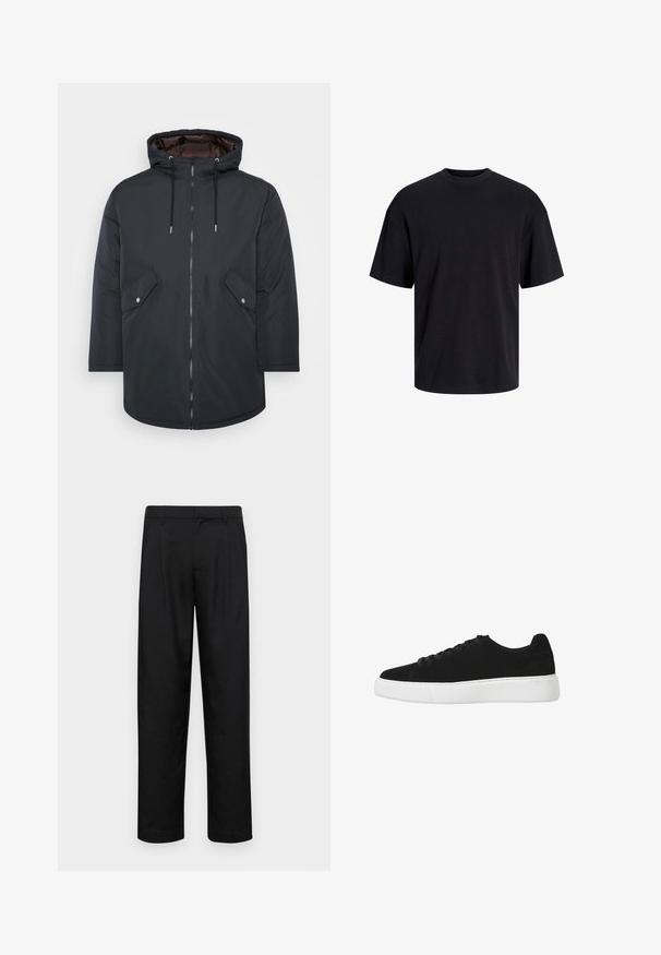 Parka nera isolata con cappuccio, chiusura con zip, due tasche frontali e cordini. Tessuto esterno liscio e rivestimento interno a contrasto.; T-shirt in cotone nero con collo rotondo, maniche corte e vestibilità morbida. Texture liscia senza pattern o dettagli visibili.; Pantaloni neri realizzati in tessuto liscio, caratterizzati da un taglio dritto, due pieghe frontali e una vita standard con passanti per la cintura.; Sneaker nera in suede con punta arrotondata, chiusura con lacci e suola in gomma bianca. Design semplice con accenti minimi e texture liscia.