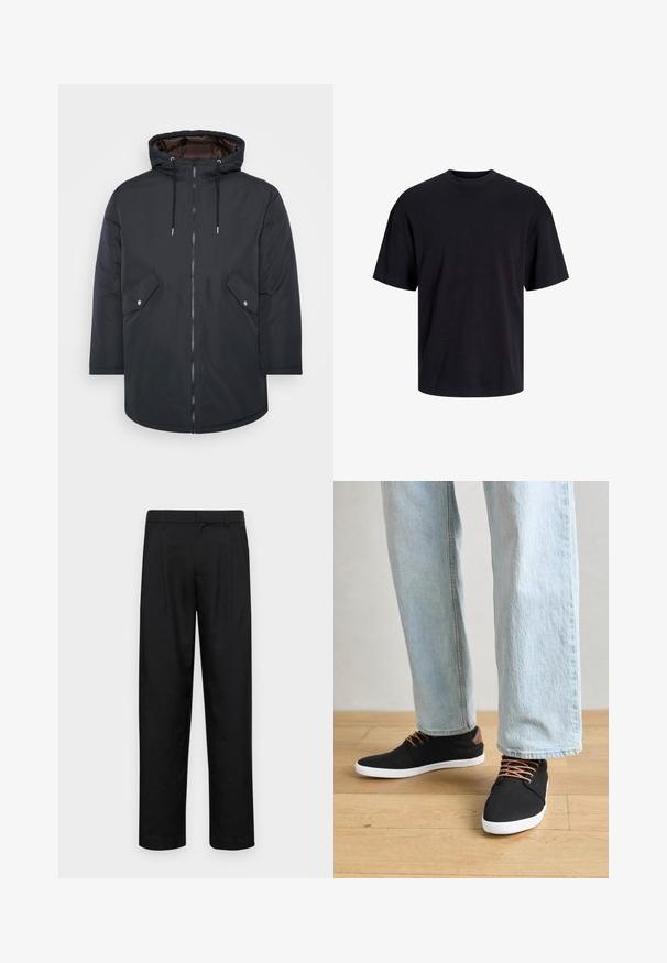 Mustalane soe parka kapuutsiga, tõmblukuga, kahe esipocketiga ja reguleeritavate nööridega. Sile väliskangas ja kontrastne vooder.; Must must on mustre, lühikeste varrukatega ja vabalt langev. Sile tekstuur ja ilma nähtavate mustrite või aktsentideta.; Mustad mustadest riietest, millel on sirge jalgade disain, kaks eesmist voltimist ja tavaline vöökoht, millel on vöökohad.; Mustad musta kangast tossud pruunide aktsentide, valge kummitaldade ja pruunide paeltega, koos helesiniste sirgete jalgade teksadega. Puidust põranda taust.