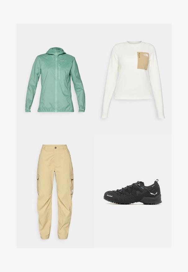 Lehká bunda mátové barvy s kapucí, plným zipem vpředu a kapsou na zip na hrudi. Hladká textura s polomatným povrchem.; Bílá košile s dlouhým rukávem vyrobená z texturované látky, s béžovou náprsní kapsou, která má šňůrku a logo.; The North Face EXPLORATION CARGO PANTS - Outdoorové kalhoty - khaki stone; Černé turistické boty s texturovaným tkaninovým svrškem, šněrovacím systémem a robustní gumovou podrážkou. Ozdobené reflexními detaily a logy.