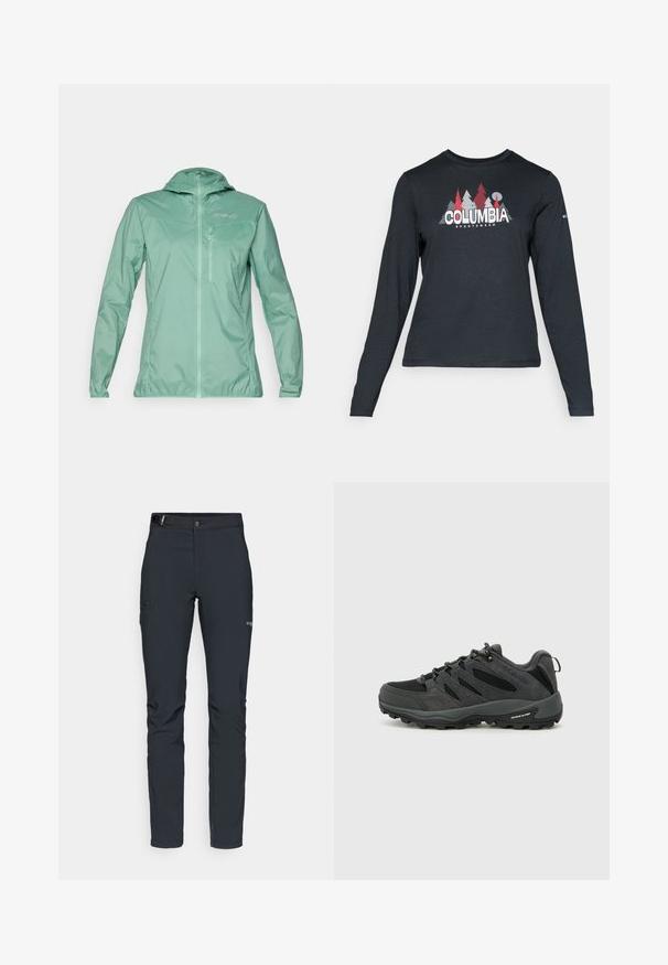 Lengvas, šviesiai žalias džemperis su gobtuvu, visiškai užtraukiamu priekyje ir užtraukiama krūtine kišene. Sklandžios tekstūros su pusiau matinio paviršiaus apdaila.; Ilga rankovė tamsiai pilka marškinėliai su raudonų medžių ir kalnų grafika; drąsaus baltos spalvos teksto "COLUMBIA" logotipas. Minkšta medžiaga, standartinis apvalus kaklas.; Vyrų lauko kelnės, tamsiai pilkos, pagamintos iš elastingos medžiagos, su diržu, užtrauktukais užtraukiamomis kišenėmis ir sustiprinta siūle.; Columbia REDMOND - Turistiniai batai - black/citron haze