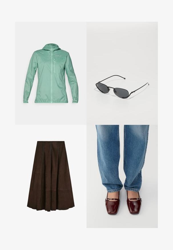 Lekki, miętowy płaszcz z kapturem, z pełnym zamkiem z przodu i kieszenią na suwak na piersi. Gładka tekstura z półmatowym wykończeniem.; Bluzka z długim rękawem i odkrytymi ramionami w jasnym odcieniu taupe. Wykonana z miękkiego materiału, z drapowanym dekoltem i dopasowanymi rękawami.; Brązowa zamszowa spódnica midi o rozszerzanym kształcie i pionowych szwach, charakteryzująca się gładką teksturą i szerokim dołem.; Burgundowe lakierowane buty ze kwadratowym noskiem i paskiem na kostce, w zestawieniu z jasnoniebieskimi dżinsami o luźnym kroju. Buty mają błyszczące wykończenie.; Czarne okulary przeciwsłoneczne z wąskimi owalnymi soczewkami, cienkimi metalowymi oprawkami i regulowanymi noskami. Charakteryzują się eleganckim, minimalistycznym designem.