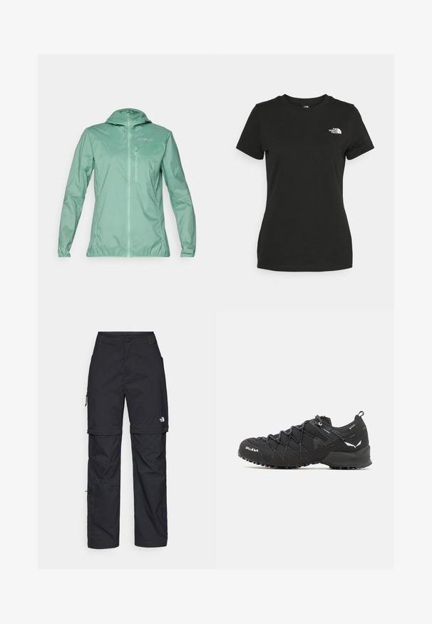 Lahka, mint zelena jakna s kapuco, s celotnim zadrgo spredaj in z zadrgo na prsnem žepu. Gladka tekstura s polsijajnim zaključkom.; Črna bombažna majica s krožnim izrezom in kratkimi rokavi. Opazna bela oznaka na zgornji levi strani. Gladka tekstura, sproščen kroj.; Črne najlon hlače z zipom, ki se lahko odstranijo, s prilagodljivimi manšetami, več žepi in logotipom na desni nogi. Gladka, lahka tekstura.; Črne pohodniške čevlje z teksturiranim zgornjim delom iz blaga, sistemom vezalk in trdnim gumijastim podplatom. Opremljeni so z odsevnimi detajli in logotipi.