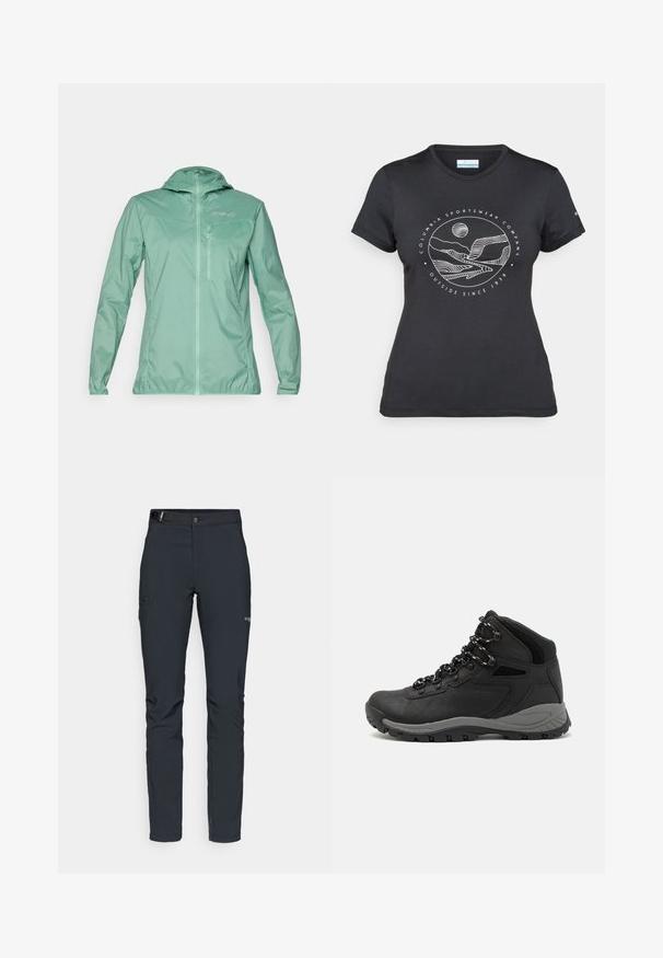 Lagani, mint zeleni kaput s kapuljačom, punim zatvaračem sprijeda i zatvorenim džepom na prsima. Glatka tekstura s polumaknutim završetkom.; Crna Columbia majica s bijelim kružnim crtežom planine i rijeke te natpisom "Columbia Sportswear Company Outside Since 1938."; Muške outdoor hlače, tamno sive boje, izrađene od fleksibilnog materijala, s remenom, džepovima na patentni zatvarač i ojačanim šavovima.; Crne planinarske čizme s dizajnom srednjeg vrha, sa teksturiranim gornjim dijelom, sivim akcentima i izdržljivom gumom potplatom s uzorkom za prianjanje.