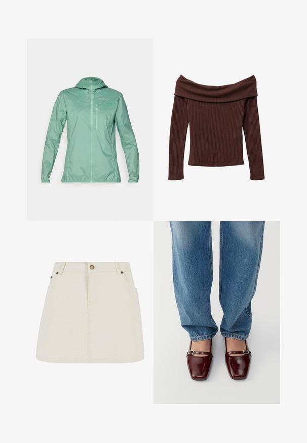 Lichtgewicht, mintgroene jas met capuchon, volledige ritssluiting aan de voorkant en een ritszak op de borst. Soepele textuur met een semi-matte afwerking.; Off-shoulder, lange mouwtop in donkerbruin geribbeld materiaal. Heeft een wijde halslijn en een aansluitende snit. Gestructureerd, zacht materiaal.; Leren denim minirok in lichtbeige, met een hoge taille, twee voorzakken en bronzen knoopaccenten. Gladde textuur en eenvoudig ontwerp.; Bordeaux lakleren schoenen met een vierkante neus en enkelband, gecombineerd met lichtblauwe losse spijkerbroek. De schoenen hebben een glanzende afwerking.