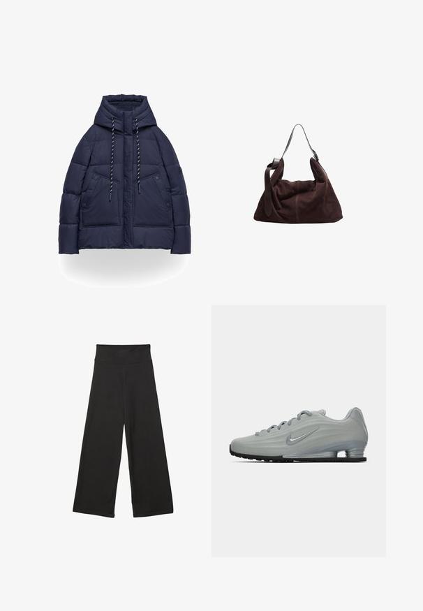 Marinblå vadderad vinterjacka med huva, justerbara dragsnören, tryckknappsförsedda frampofickor och långa ärmar.; Vit oversized t-shirt i mjuk bomull. Har korta ärmar, rund halsringning och en avslappnad passform utan synliga mönster eller accenter.; Svarta vida byxor med hög elastisk midja, mjukt tyg och lös passform, lämpliga för avslappnad klädsel eller lediga tillfällen.; Sido vy av en ljusgrå Nike-sneaker med snören, en swoosh-logotyp och en transparent dämpningssula på en enhetlig bakgrund.; Mörkbrun mocka hobo axelväska med bred justerbar läderrem och mjuk, slapp design på vit bakgrund.