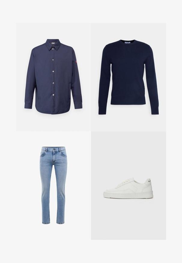 Tengerészkék gombos ing, galléros nyakkal, hosszú ujjakkal, ezüstgombokkal és bal karon lévő folt varrással. Kellemes tapintású anyagból készült, laza szabással.; Tengerészkék, kerek nyakú pulóver, puha anyagból készült, hosszú ujjal és bordás szegéllyel. Nincsenek látható minták vagy díszítések.; Világoskék farmernadrág, karcsú szabású, öt zsebes, egyenes lábbal. Cipzáros záródás és övhurkok jellemzik. Puha tapintású.; Fehér bőr sportcipő sima felülettel, kerek orral, lapos fűzőkkel és texturált talppal. Finom logó található a sarokon.