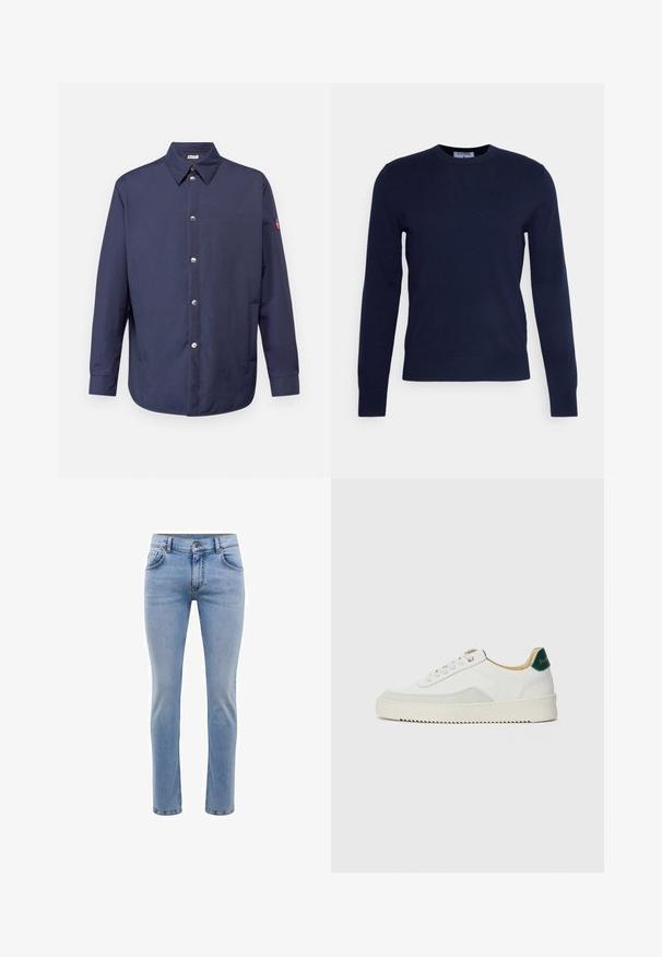 Marineblaues Hemd mit Knopfleiste, Kragen, langen Ärmeln, silbernen Knöpfen und einem Patch am linken Arm. Glatte Stoffqualität mit lockerer Passform.; Dunkelblauer Rundhalsausschnitt-Pullover aus weichem Material, mit langen Ärmeln und geripptem Saum. Keine sichtbaren Muster oder Verzierungen.; Hellblaue, slim-fit Jeans aus Denim mit fünf Taschen und geradem Bein. Mit Reißverschluss und Gürtelschlaufen ausgestattet. Weicher Stoff.; Weiße Sneaker mit Wildlederelementen, runder Zehenpartie, flachen Schnürsenkeln und einer cremefarbenen Gummisohle. Mit grünen Markenlogo am Fersenbereich.