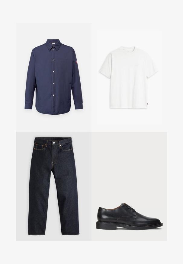 Jūras spēku pogājamā krekls ar apkakli, garām piedurknēm, sudraba pogām un uzšuvi uz kreisās rokas. Gluda auduma, atvieglots piegriezums.; Balts kokvilnas T-krekls ar īsām piedurknēm un apaļu kakla izgriezumu, priekšpusē redzama smalka gaišas krāsas "Levi's" logo.; Tumši zili džinsi ar taisnu piegriezumu, piecām kabatām, kontrastējošiem apelsīnu diegiem un ar pogu aizdari. Nav redzamu rakstu vai rotājumu.; Melnas ādas kleitu kurpes ar apaļu purngalu, auklu dizainu un zemu sakrautu papēdi. Gluda virsma ar minimālām šuvju detaļām.