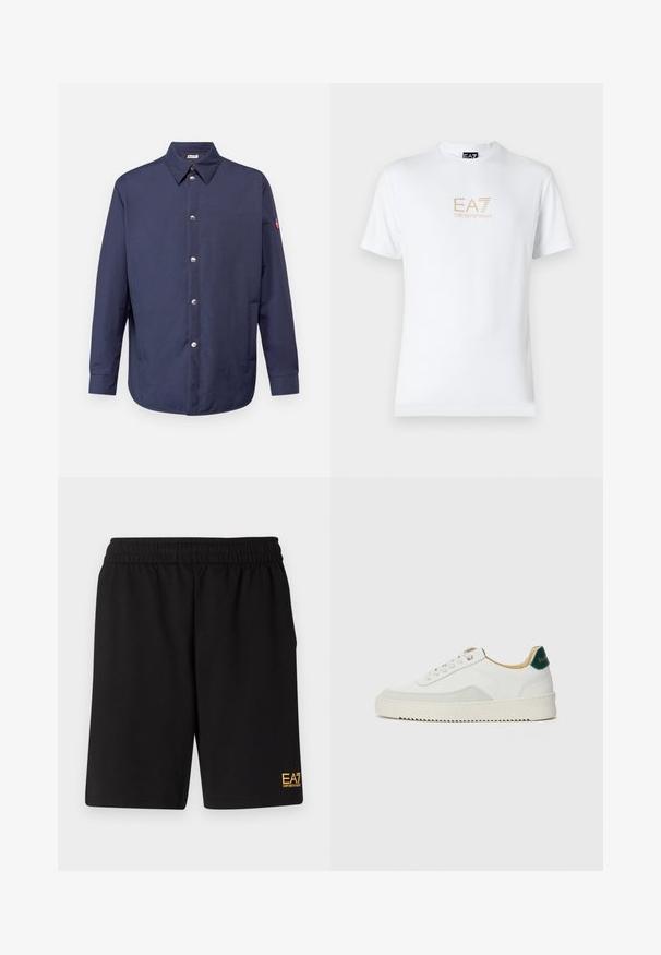 Marineblaues Hemd mit Knopfleiste, Kragen, langen Ärmeln, silbernen Knöpfen und einem Patch am linken Arm. Glatte Stoffqualität mit lockerer Passform.; Weißes Baumwoll-T-Shirt mit Rundhalsausschnitt und kurzen Ärmeln, mit einem goldenen EA7 Emporio Armani-Logo auf der Vorderseite.; Schwarze Sportshorts aus weichem Material, mit einem elastischen Bund und einem kleinen gelben EA7-Logo am unteren linken Bein.; Weiße Sneaker mit Wildlederelementen, runder Zehenpartie, flachen Schnürsenkeln und einer cremefarbenen Gummisohle. Mit grünen Markenlogo am Fersenbereich.
