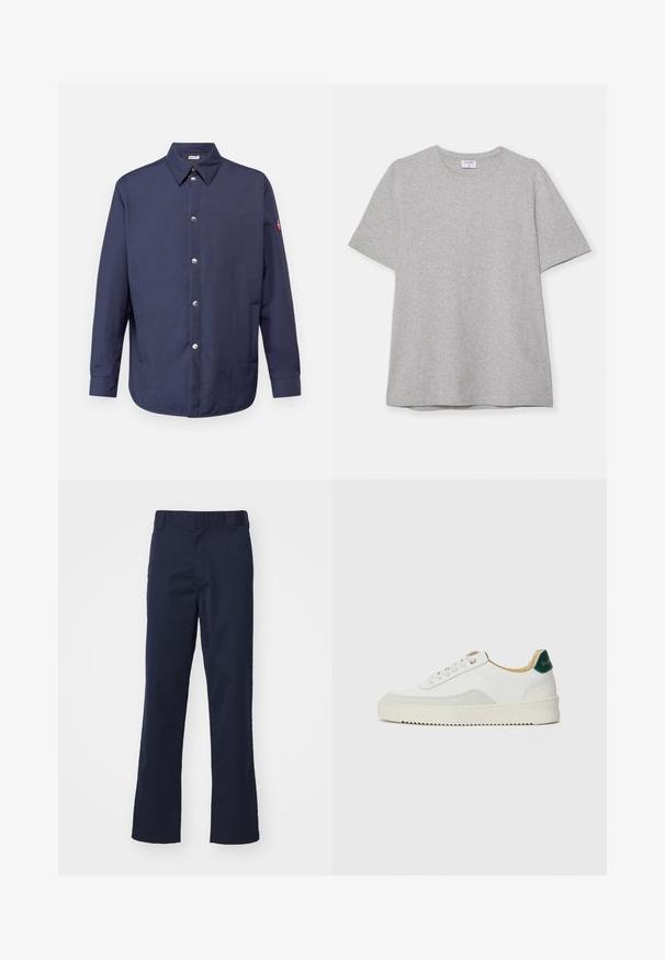 Mornarska srajca na gumbe z ovratnikom, dolgimi rokavi, srebrnimi gumbi ter žepom na levi rami. Gladka tkanina in udoben kroj.; Siva kratka majica s kratkimi rokavi, narejena iz mehke, teksturirane tkanine. Ima klasičen okrogli ovratnik in ravno spodnjo rob, primerna za vsakdanje nošenje.; Mornarsko modri hlače iz tkanine, s prostim krojem, z obrobo za pas in čistim zaključkom na robu. Brez opaznih vzorcev ali dodatkov.; Bela trenerka z zaključki iz semiša, okroglo konico, ravne vezalke in kremna gumijasta podplata. Ima zeleno blagovno znamko na peti.