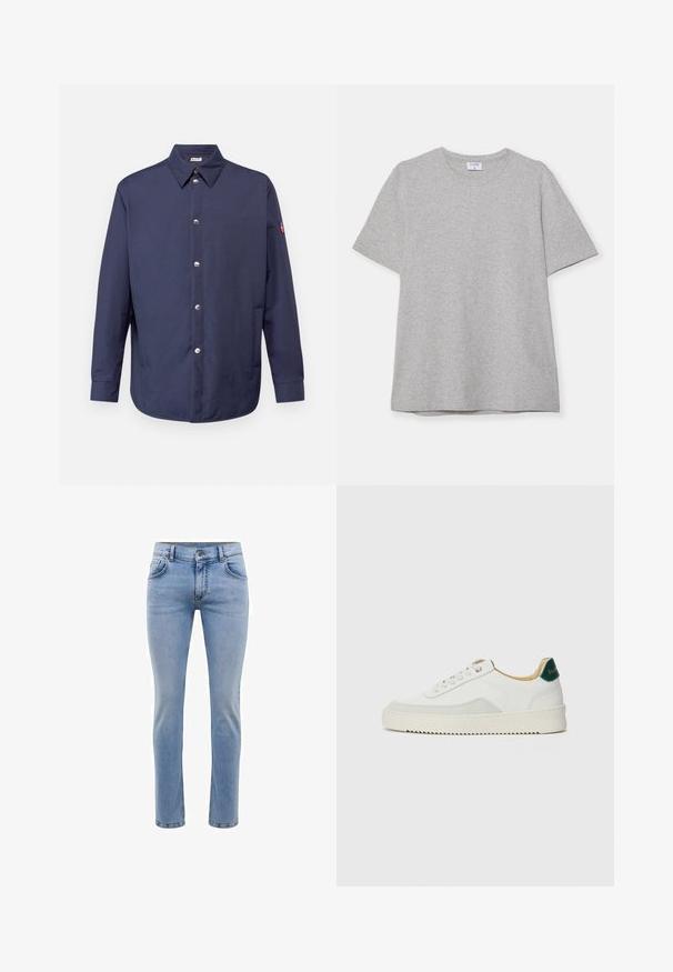 Navy button-up shirt with a collared neck, long sleeves, silver buttons, and a patch on the left arm. Smooth fabric with a relaxed fit.; Gray short-sleeve T-shirt made from soft, textured fabric. Features a classic crew neck and a straight hem, suitable for casual wear.; Light blue denim jeans with a slim fit, five pockets, and a straight leg design. Features a zipper fly and belt loops. Soft texture.; White sneaker with suede accents, rounded toe, flat laces, and a cream rubber sole. Features green branding on the heel.