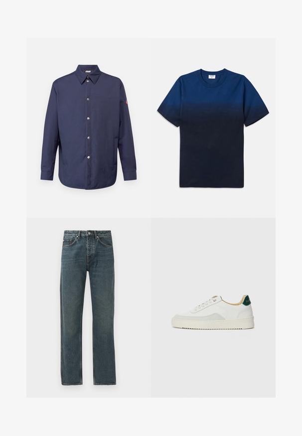 Tumed nööpidega särk, millel on krae, pikad varrukad, hõbedased nööbid ja plekk vasakul varrukal. Sile kangas ja mugav lõige.; Tumesinine puuvillane T-särk ümmarguse kaeluse, lühikeste varrukate ja peene gradientmustriga, mis üleminekut kergematest tumedamatesse toonidesse.; Tumed sinine denimist teksad sirge jala disainiga, viie tasku, nööbiga sulgemise ja kontrastsete õmbluse detailidega.; Valged tennisjalanõud, millel on sametised aktsendid, ümar varvas, lame nöörid ja kreemjas kummine põhja. Hästi nähtav roheline bränding kannal.