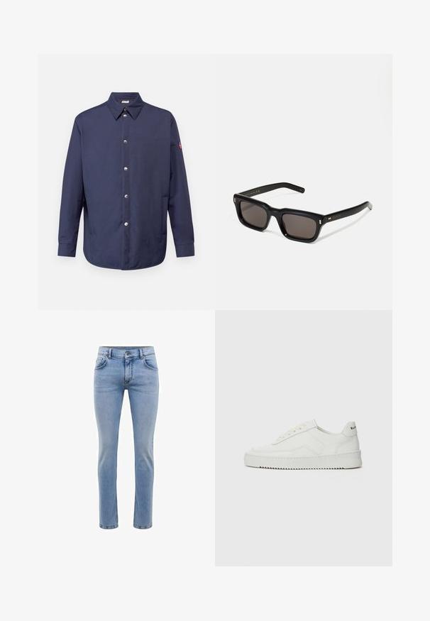 Tamsiai mėlyna marškininė su apykakle, ilgomis rankovėmis, sidabriniais mygtukais ir pleistru kairėje rankovėje. Lygaus audinio, laisvo kirpimo.; Juodas medvilninis marškinėliai su apvaliu iškirpu, trumpomis rankovėmis ir baltu "EMPORIO ARMANI" logotipu virš "Milano" kreivame dizaino.; Šviesiai mėlynos džinsinės kelnės su siauromis kojomis, penkiais kišenėmis ir tiesiomis kojomis. Su užtrauktuku ir diržo kilpomis. Švelnus paviršius.; Balti odiniai sportiniai bateliai su lygia apdaila, apvaliu pirštu, plokščiais raišteliais ir tekstūruotu padu. Pasižymi subtiliu logotipu ant kulno.; Juodos stačiakampės akinių nuo saulės su tamsiais objektyvais, storu plastiko rėmu, auksinėmis detalėmis ant šventyklų ir prekės ženklo logotipu išgraviruotu ant šono.