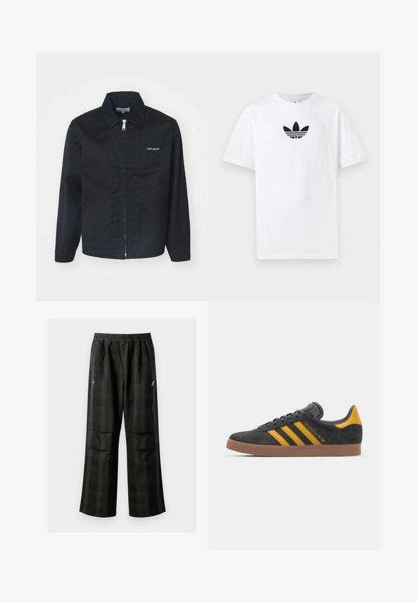Schwarze Jacke aus strapazierfähigem Stoff, mit Reißverschluss, spitzem Kragen und Seitentaschen. Enthält weiße Logodetails auf der Brust.; Weißes Baumwoll-T-Shirt mit einem schwarzen Adidas-Logo in der Mitte. Kurze Ärmel und Rundhalsausschnitt. Glatte Textur.; Schwarze karierte Hosen mit elastischem Bund, zwei Fronttaschen und lockerer Passform im geraden Beinschnitt. Hergestellt aus leichtem Material.; Schwarze Wildledersneaker mit gelben Akzenten, ausgestattet mit drei Streifen und einer braunen Gummisohle. Enthält eine gepolsterte Zunge für zusätzlichen Komfort.