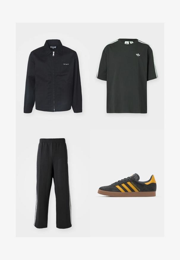 Giacca nera realizzata in tessuto durevole, caratterizzata da una chiusura con zip, un colletto a punta e tasche laterali. Include un dettaglio del logo bianco sul petto.; Maglietta nera in cotone con maniche corte, scollo rotondo e dettagli bianchi a tre strisce sulle spalle. Presenta un piccolo logo bianco sul petto.; Pantaloni da jogging neri con elastico in vita, dotati di strisce bianche sui lati e vestibilità comoda. Realizzati in tessuto morbido e elastico.; Sneaker in suede nero con dettagli gialli, dotato di tre strisce e una suola in gomma marrone. Include una linguetta imbottita per il comfort.