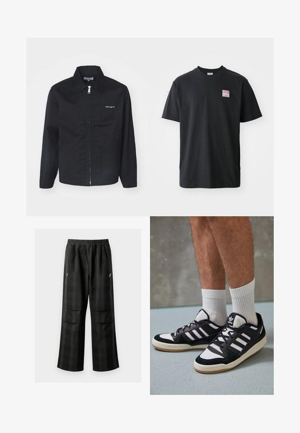 Czarna kurtka wykonana z trwałej tkaniny, z zasuwakiem, spiczastym kołnierzem i kieszeniami po bokach. Zawiera biały detal z logo na klatce piersiowej.; Czarna bawełniana koszulka z okrągłym dekoltem, krótkimi rękawami oraz małą kolorową metką na lewej piersi z napisem "SUPERIOR."; Czarne spodnie w kratę z elastycznym pasem, dwoma przednimi kieszeniami i luźnym krojem ze prostymi nogawkami. Wykonane z lekkiego materiału.; Czarno-białe sneakersy z zamszową i skórzaną cholewką, z trzema białymi paskami, perforowanym czubkiem i gumową podeszwą w kolorze gumy.