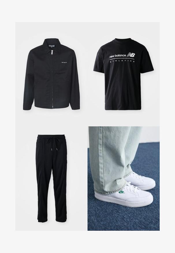 Juodas džemperis, pagamintas iš tvirto audinio, su užtrauktuku, smailiu apykakle ir šoniniais kišenėmis. Įskaičiuota balta logotipo detalė ant krūtinės.; Juodas medvilninis marškinėlis su apvali apykakle, trumpomis rankovėmis ir baltais tekstais "new balance" ir "ATHLETICS" priekyje.; Juodos laisvos kelnės su raišteliu liemens, šoninėmis kišenėmis ir tiesiu kirpimu ant vienodos fono.; Balti odiniai sportbačiai su žaliu Nike logotipu, apvalia nosimi, plokščiu padu, derinami su šviesiai mėlynomis džinsinėmis kelnėmis, rodomi ant mėlynos kiliminės dangos.
