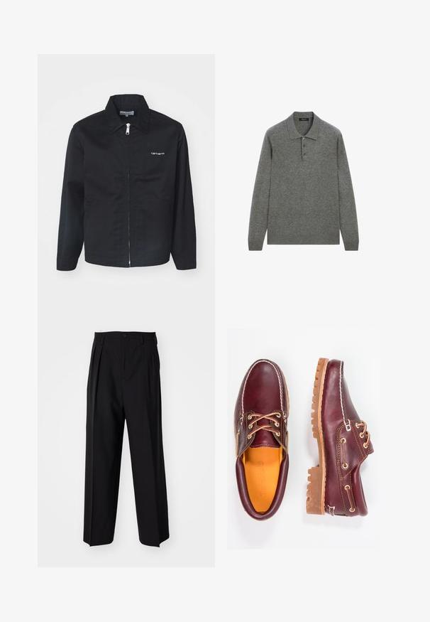 Sort jakke lavet af slidstærkt stof, med lynlåslukning, spidse kraver og sidelommer. Inkluderer hvid logo detalje på brystet.; Grå langærmet polo skjorte lavet af blødt stof, med en klassisk krave og tre-knap lukning foran.; Sorte plisserede bukser med et lige, bred ben-design. Fremstillet af glat stof, med en knaplukning og bæltesløjfer.; Bordeaux lædersko med brune gummisåler, rund tå, hvid syning og gyldne snøringer. Indersiden har et gult for.