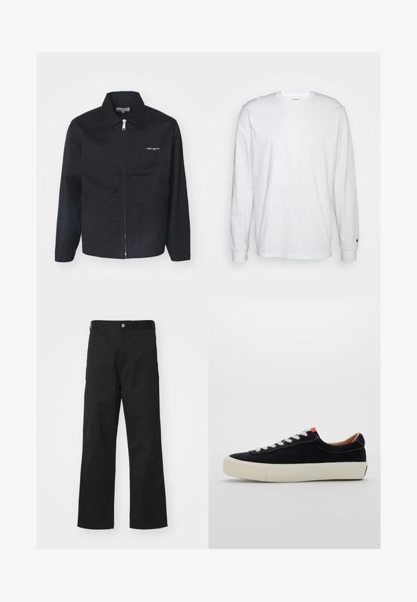 Veste noire en tissu durable, dotée d'une fermeture éclair, d'un col pointu et de poches latérales. Comprend un détail de logo blanc sur la poitrine.; T-shirt blanc à manches longues en coton. Design à col rond avec des poignets côtelés et un petit logo sur la manche gauche. Texture lisse.; Pantalons noirs en tissu durable avec une coupe droite, dotés d'une fermeture à bouton à l'avant, de passants de ceinture et sans motifs ni accents visibles.; Baskets en tissu noir avec lacets blancs, semelle en caoutchouc beige et accent rouge au talon. Bout arrondi et détails de couture minimes.