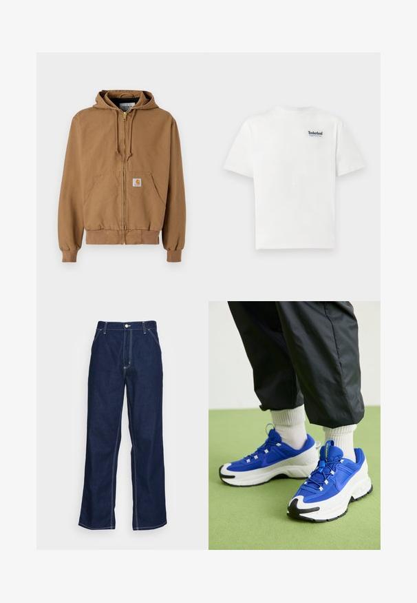 Brun zip-up hettegenser laget av bomull, med en frontlomme, justerbare snorer og et firkantet logo-merke på venstre lomme.; Hvit bomull T-skjorte med blå brodert "Timberland Rugged Active Gear"-logo på øvre venstre bryst. Korte ermer og rund hals.; Mørkeblå denimbukser med vide ben, med høy midje, frontlommer og kontrasterende hvite sømmer langs sømmene.; Blå og hvite joggesko med teksturert stoff, fremtredende gummisåle og svarte aksenter. Har snøring og en dempende design.