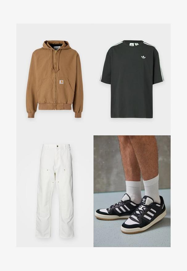 Brauner Zip-Hoodie aus Baumwolle, mit einer Fronttasche, verstellbaren Kordeln und einem quadratischen Logopatch auf der linken Tasche.; Schwarzes Baumwoll-T-Shirt mit kurzen Ärmeln, Rundhalsausschnitt und weißen Dreistreifen-Details auf den Schultern. Verfügt über ein kleines weißes Logo auf der Brust.; Weiße Baumwoll-Cargohose mit lockerer Passform. Zu den Merkmalen gehören Fronttaschen, goldfarbene Hardware-Akzente und verstärkte Kniebereiche.; Schwarz-weiße Sneaker mit einem Obermaterial aus Wildleder und Leder, ausgestattet mit drei weißen Streifen, einer perforierten Zehenpartie und einer Sohle aus Gummi.