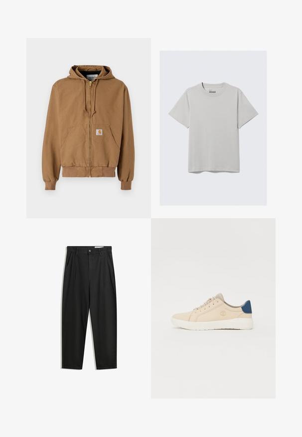 Brown zip-up hoodie made of cotton, featuring a front pocket, adjustable drawstrings, and a square logo patch on the left pocket.; Light gray cotton T-shirt with a crew neckline and short sleeves, featuring a minimalist design and a relaxed fit. No patterns or accents.; Black cotton trousers with a relaxed fit, featuring a classic waistband, front pleats, and side pockets. Smooth texture without patterns.; Beige sneakers made of suede, featuring a white sole, beige laces, and a blue accent on the heel. Logo embossed on the side.