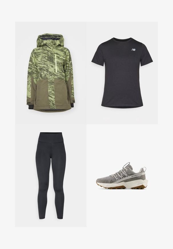 Grønn mønstrete snowboardjakke med glidelåslomme, justerbar hette og kontrasterende mørke ermer. Laget av slitesterkt, vannavstøtende materiale.; Svart kortermet t-skjorte laget av myk stoff, med en liten grå New Balance-logo på øvre venstre bryst, klassisk rund hals design.; Høytlivs sorte leggings laget av elastisk materiale, med en glatt tekstur og tettsittende design, med minimale sømdetaljer.; Grå New Balance-sneakers med teksturert strikket overdel, hvit geometrisk såle, brun gummisåle, elastisk snøredesign og løftelapper på tunge og hæl.