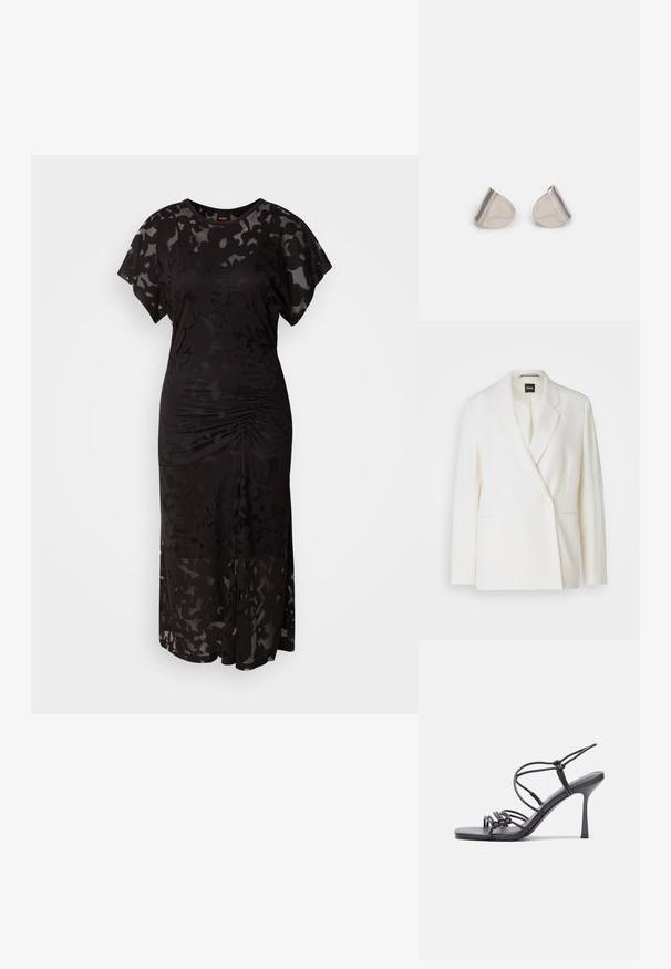 Valkoinen bleiseri, jossa on rakenteellinen muotoilu, yksinkertainen napitus, kärkitaskut ja kaksi sivutaskua. Sileä kangas.; Musta mekko, joka on valmistettu puoliparsi kankaasta ja jossa on kukkakuosi. Sisältää lyhyet lehtipaidat, pyöreän kaula-aukon ja kokoontumiset vyötäröllä.; Mustat korkokengät sandaalit, joissa on ohuet hihnat solmittuna, sileä neliön muotoinen varvasosa ja tyylikäs stiletto-korko.; Vaalea harmaa metallinen käsilaukku, jossa on ketjusanka. Laukku on koristeltu pienillä pyöreillä metallikoruilla ja kolmion muotoisella brändilogolla.; Hopea metalliset korvakorut, joissa on sileä, pisaramainen muoto ja kiillotettu pinta. Huomaamattomat kaiverrukset lisäävät yksityiskohtia. Minimalistinen muotoilu.