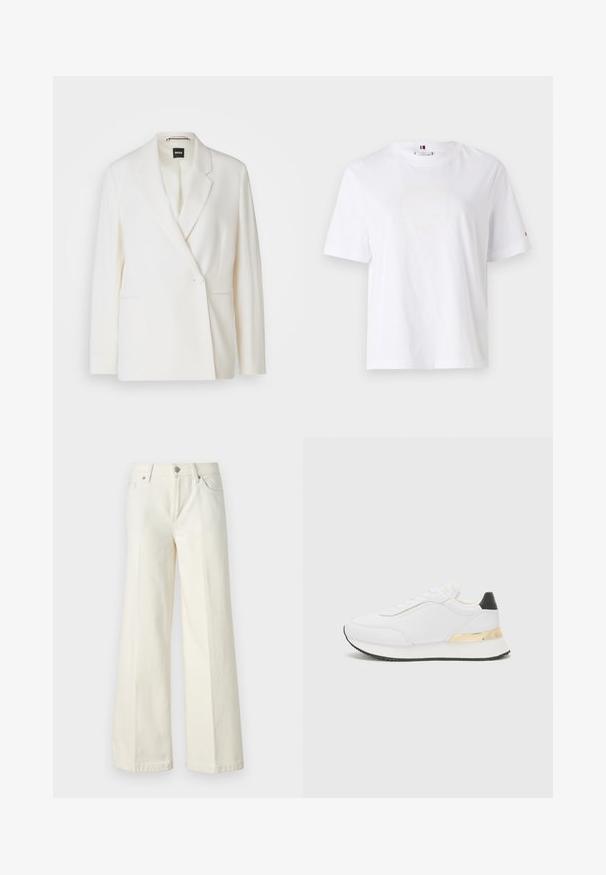 Balta švarka su struktūrizuotu dizainu, vieno mygtuko uždarymu, įpjovomis atlapais ir dviem šoninėmis kišenėmis. Lygus audinio paviršius.; Balta medvilninė marškinė su apvalia kaklo išpjova, trumpomis rankovėmis ir subtiliu geltonu logotipu, kuris sako "HILFIGER NEW YORK 1985." Standartinio kirpimo.; Platūs balti džinsai, pagaminti iš medvilnės mišinio. Yra užtrauktukas, penkių kišenių dizainas ir siūlės išsiuvinėjimas.; Balti sportbačiai su lygiu paviršiumi, su juodu kulno akcentu ir auksiniu metaliniu detaliu ant tarpiklio. Laidiška konstrukcija, guminis padas.