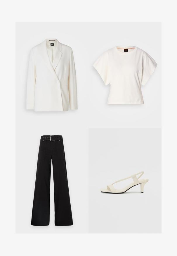 White blazer with a structured design, single button closure, notch lapels, and two side pockets. Smooth fabric texture.; White cropped T-shirt, short wide sleeves, soft cotton material, round neckline with subtle orange trim, minimal design, no patterns or graphics.; Black wide-leg trousers made from cotton, featuring a high waist, large side pockets, and a belted waist with silver hardware accents.; Beige block-heeled sandals with thin straps and a square toe. Smooth material with minimal detailing, designed for easy wear.