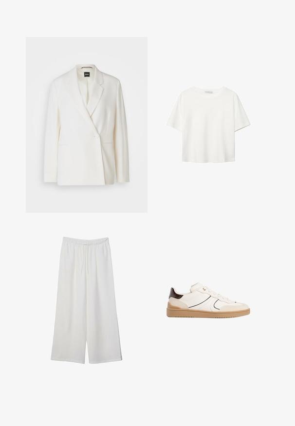 Hvid blazer med en struktureret design, enkeltknaplukning, dassede reverser og to sidelommer. Glat stofstruktur.; Hvid kortærmet t-shirt lavet af bomuld. Har en rund halsudskæring og en afslappet pasform. Glat tekstur uden synlige mønstre eller detaljer.; Hvide vidde bukser lavet af letvægtsstof, med en elastisk talje og snøre for justerbar pasform. Glat tekstur.; Stradivarius Sneakers - white