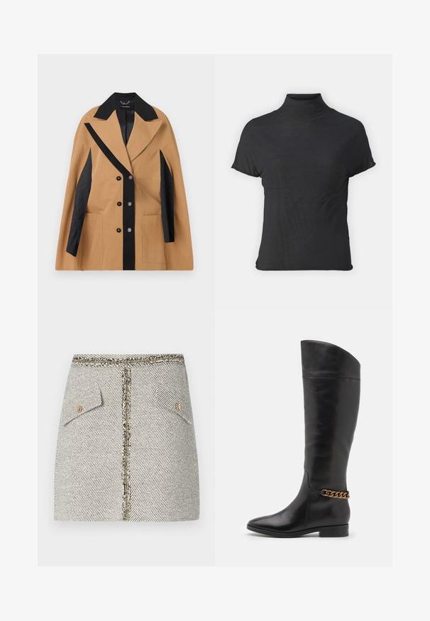 Bežs žakets ar melniem akcentiem, plašiem atloka, divām rindām pogām priekšpusē un divām sānu kabatām; ar strukturētu audumu un ģeometriskiem rakstiem.; Melna īsa piedurkņu turtlenecka blūze, izgatavota no viegla auduma ar gludu tekstūru un pieguļošu formu, ar augstu kakla izgriezumu.; Auduma tīka svārki ar baltu un melnu ķīļveida rakstu, satur divas priekšējās kabatas un zelta krāsas rāvējslēdzēju aizmugurē ar saplēstiem malām.; Augstas melnas ādas zābaki ar plūstošu dizainu, pointētām purngalēm un zelta ķēdes akcentu ap potīti. Zems bloku papēdis. Gluda tekstūra.