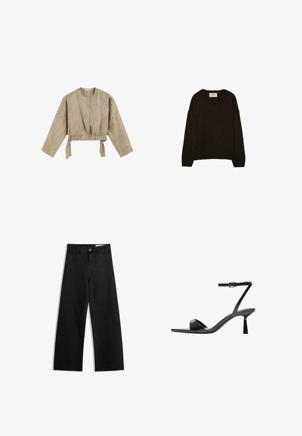 Beżowa krótka kurtka z długimi rękawami, marszczonym wcięciem w talii i zawiązywaniem. Posiada teksturowany wzór z metalicznymi nitkami. Gładki materiał.; Ciemnobrązowy sweter dzianinowy z okrągłym dekoltem, opuszczonymi ramionami, ściągaczami przy mankietach i u dołu, o miękkiej teksturze i luźnym kroju.; Czarne dżinsowe spodnie o szerokich nogawkach i wysokim stanie, z przednimi i tylnymi kieszeniami, przeszyciami oraz zapięciem na guziki. Gładka struktura.; Bershka - Sandały na obcasie