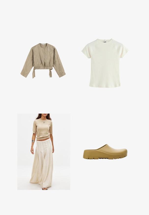 Beige lyhyet takki pitkillä hihoilla, kootulla vyötäröllä ja nauhakiinnityksillä. Sisältää tekstuuripinnan, jossa on metallilankoja. Sileä kangas.; Valkoinen ribattu lyhythihainen t-paita pyöreällä kaula-aukkolla ja raglan-hihoilla. Teksturoidusta kankaasta valmistettu, säännöllinen istuvuus. Logo-tagi takana kaula-aukolla.; Beige neulepusero, jossa on lyhyet hihat, yhdistettynä pitkäan, laskostettuun ja sileätekstuuriseen kermaan väriin hameeseen.; Keltainen kumisaapas, jonka pinta on sileä, avonainen takapuoli ja paksu, teksturoitu pohja, jossa on vaakaraitoja. Suunniteltu mukavuutta ja kestäväisyyttä varten.