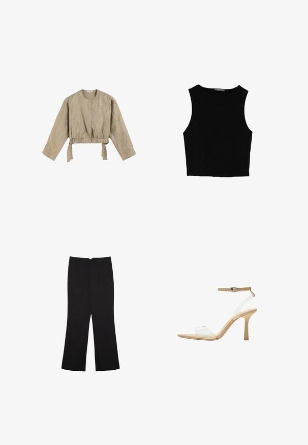 Beżowa krótka kurtka z długimi rękawami, marszczonym wcięciem w talii i zawiązywaniem. Posiada teksturowany wzór z metalicznymi nitkami. Gładki materiał.; Czarny bezrękawnik crop top z gładkiego materiału, z okrągłym dekoltem i czystym, prostym wzornictwem, bez wzorów czy metalowych elementów.; Czarne spodnie o prostym kroju, z przednimi kieszeniami i bocznymi rozcięciami na dole. Wykonane z miękkiego, gładkiego materiału. Odpowiednie na różne okazje.; Przezroczysta sandał z obcasem, z przezroczystą cholewką, beżową wkładką i smukłym paskiem w okolicy kostki. Posiada spiczasty czubek i cienki wysoki obcas.
