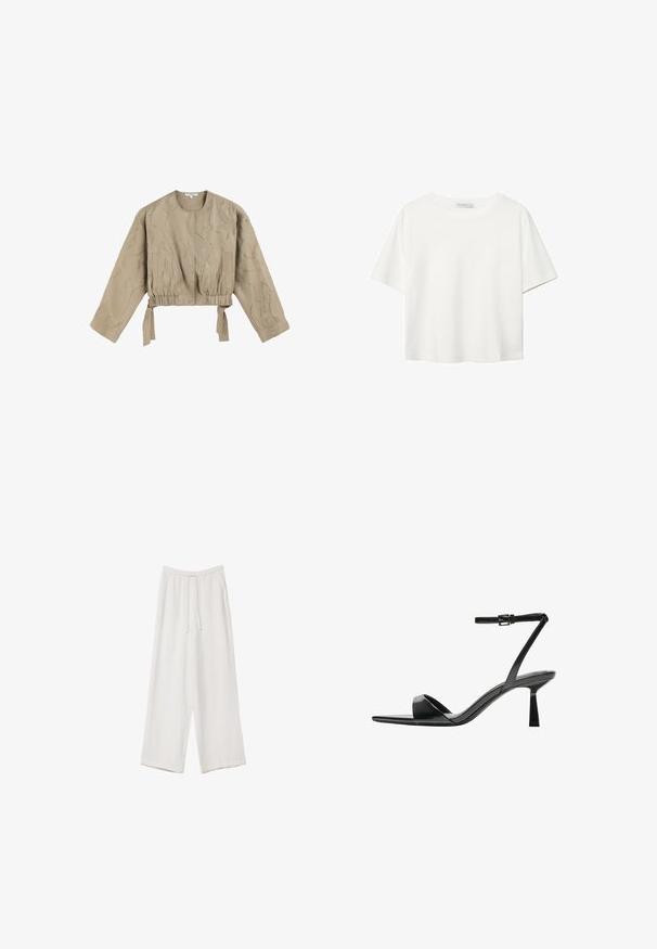 Beige, cropped jakke med lange ærmer, samlet talje og bindelukninger. Har et tekstureret mønster med metaltråde. Glat stof.; Hvid kortærmet t-shirt lavet af bomuld. Har en rund halsudskæring og en afslappet pasform. Glat tekstur uden synlige mønstre eller detaljer.; Hvide bukser med bred benlængde lavet af et letvægtsstof. Har et elastisk talje med snor og sidelommer. Glat tekstur.; Bershka Højhælede sandaletter / Højhælede sandaler - black