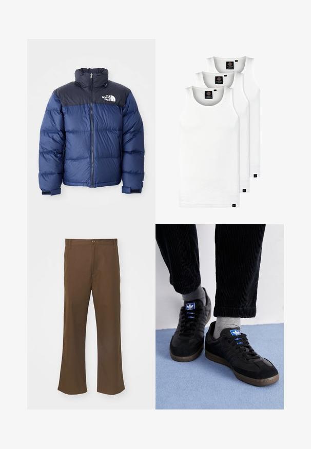 Navy blue puffer jacket featuring a black top section, high collar, front zipper, and logo on the chest. Bulked texture and elastic cuffs.; Three white ribbed tank tops made of cotton. Features a crew neck and small black labels near the hem. Available in multiple sizes.; Brown flared trousers made of smooth fabric with a button closure, featuring front pockets and straight seams along the legs.; Black sneakers with suede and leather material, featuring a blue logo and brown rubber sole. Paired with gray socks and corduroy pants.