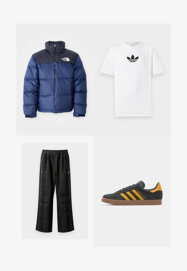 Navy blue puffer jacket featuring a black top section, high collar, front zipper, and logo on the chest. Bulked texture and elastic cuffs.; White cotton T-shirt featuring a black Adidas logo at the center. Short sleeves and a crew neck design. Smooth texture.; Black plaid pants featuring an elastic waistband, two front pockets, and a loose fit with a straight leg design. Made from lightweight material.; Black suede sneaker with yellow accents, featuring three stripes and a brown rubber sole. Includes a padded tongue for comfort.