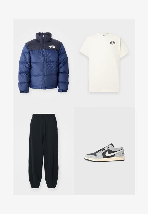 Tamsiai mėlynas pūkinis švarkas su juodu viršutiniu seksi, aukštu apykakle, priekiniais užtrauktukais ir logotipu ant krūtinės. Masyvūs tekstūros elementai ir elastingos rankogaliai.; Kremo spalvos medvilninis marškinėlis trumpomis rankovėmis, su "NIKE SB" juodu ir raudonu tekstu ant krūtinės. Standartinė apvali iškirptė.; Juodi, su elastiniu juosmeniu sportiniai kelnės su laisvu siluetu, suapvalintais kulkšnimis, lygia tekstūra ir be matomų raštų ar metalinių akcentų.; Nike Air Jordan 1 Low pilki ir juodi sviestiniai su baltais akcentais. Yra paminkštintas padas ir klasikinis Nike swoosh logotipas.