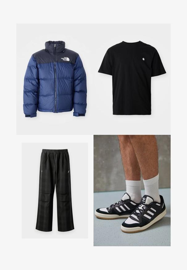 Tamno plavi pufast jakna sa crnim gornjim dijelom, visokim ovratnikom, prednjim patentnim zatvaračem i logotipom na prsima. Puni izgled i elastične manšete.; Crna pamučna majica s okruglim izrezom, kratkim rukavima i malim bijelim logotipom na lijevoj strani prsnog područja. Vidljivi bočni šavovi. Mekana tekstura.; Crne karirane hlače s elastičnom urezom, dva prednja džepa i ležernim krojem s ravnim nogavicama. Izrađene su od laganog materijala.; Crne i bijele tenisice s gornjim dijelom od antilopa i kože, s tri bijele pruge, perforiranim prstom i gumiranim potplatom.