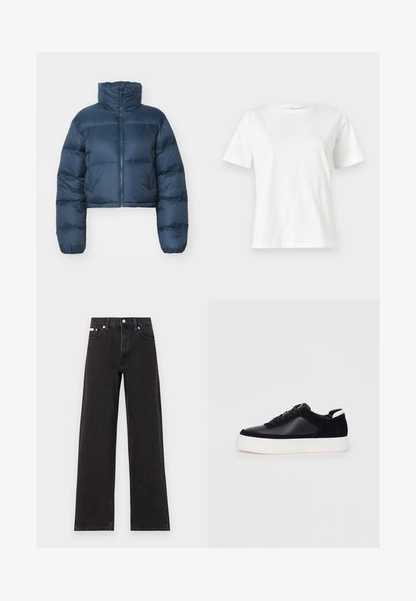 Izgriezta tumšzilā pūkainā jakā ar augstu apkakli, ar rāvējslēdzēju priekšā un divām sānu kabatām. Iespējotas kviltiņas un elastīgas aproces. Mīksta tekstūra.; Baltas kokvilnas T-krekls ar īsām piedurknēm, apaļu kakla izgriezumu un brīvu piegriezumu. Gluda tekstūra, bez rakstiem vai akcentiem, minimālistisks dizains.; Melni platmalu džinsi, kas izgatavoti no denima, ar augstu vidukli, piecu kabatu dizainu un metāla pogas aizdari ar kontrastējošu šuvumu.; Melnas sporta kurpes ar gludu ādu un zamša paneļiem, plakaniem šņorēm, noapaļotu pirkstu daļu un baltu gumijas zolīti. Izteikts logo uz papēža.