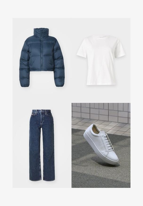 Cropped navy puffer jacket with high collar, zip front, and two side pockets. Features quilted sections and elasticized cuffs. Soft texture.; White cotton t-shirt with short sleeves, round neckline, and a relaxed fit. Smooth texture, no patterns or accents, minimalistic design.; Calvin Klein Jeans LOOSE - Wide Leg - blue; White leather sneaker with a round toe, flat sole, and six pairs of eyelets. Smooth texture and minimalistic design with stitching details.
