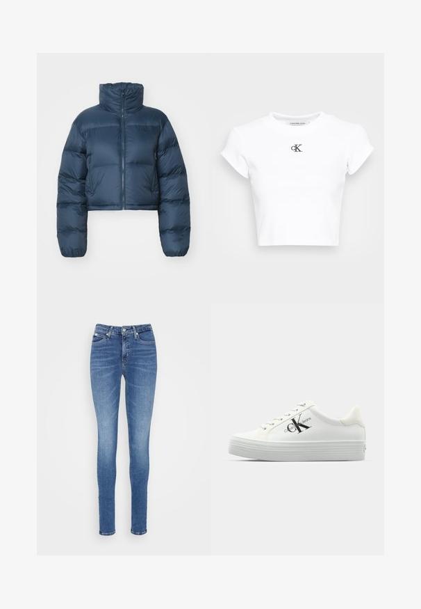 Skračená námornícka puffer bunda s vysokým golierom, zipsom vpredu a dvoma bočnými vreckami. Obsahuje prešité sekcie a elastické manžety. Mäkkučká textúra.; Biela skrátená tričko vyrobené z rebrovanej látky. Má okrúhly výstrih a krátke rukávy. Čierne vyšívané logo "cK" na hrudi.; Džínsy v úzkom strihu v stredne modrom denime, s vysokým pásom, hladkou textúrou, dvoma prednými vreckami a jedným zadným vreckom.; Biele platformové tenisky s hladkým syntetickým zvrškom, tonálnymi šnúrkami a čiernym logom. Zdvihnutá gumová podrážka má horizontálne ryhy pre trakciu.