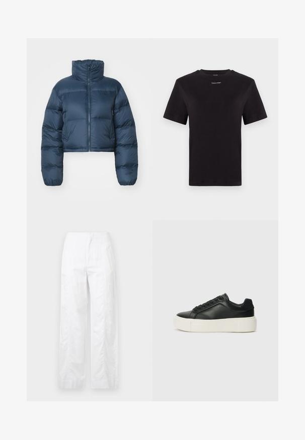 Skraćena tamnoplava puffer jakna s visokim ovratnikom, prednjim zatvaračem i dva bočna džepa. Ima kvadratne dijelove i elastične rukave. Meko na dodir.; Crna pamučna majica s kratkim rukavima, okruglim izrezom i malim bijelim logom "Calvin Klein" na prsima. Glatka tekstura, klasičan kroj.; Bijele široke hlače od laganog materijala, s glatkom teksturom, čistim linijama i visokim strukom.; Crne kožne tenisice sa zaobljenim vrhom, bijelom platformom i crnim vezicama. Imaju suptilan logo na peti i glatku teksturu.