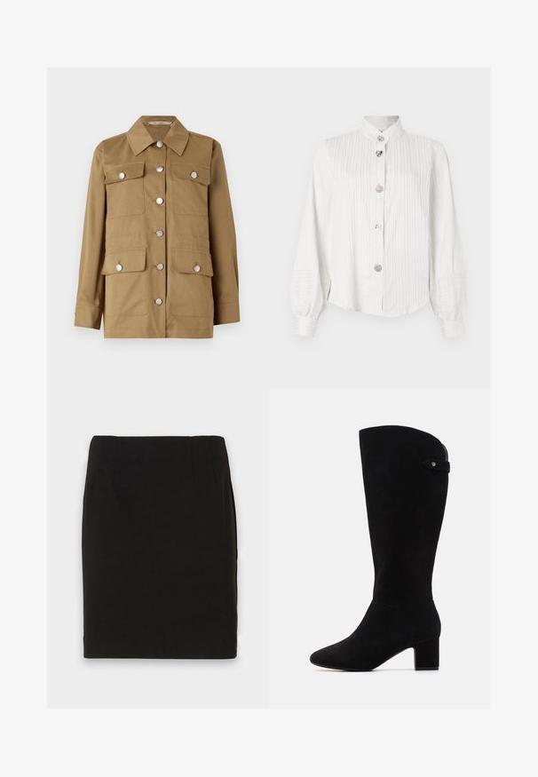 Χακί σακάκι με κλασικό γιακά, ασημί κουμπιά, τέσσερις μπροστινές τσέπες και μακριά μανίκια. Φτιαγμένο από λείο ύφασμα με δομημένη εφαρμογή.; Λευκή μπλούζα με μακριά μανίκια, με κάθετες ρίγες, μανίκια σε σχήμα μπαλονιού, κορυφή με λαιμόκοψη και πέντε διακοσμητικά ασημένια κουμπιά στην μπροστινή πλευρά.; Μαύρη μίνι φούστα μολυβιού μέχρι το γόνατο με ίσιο στρίφωμα και διακριτές ραφές στη μέση σε λευκό φόντο.; Μαύρες σουέτ μπότες μέχρι το γόνατο με αιχμηρή μύτη και τετράγωνη φτέρνα. Διαθέτουν λεία υφή και απλή σχεδίαση, με μια πλευρική ταινία ως αξεσουάρ.