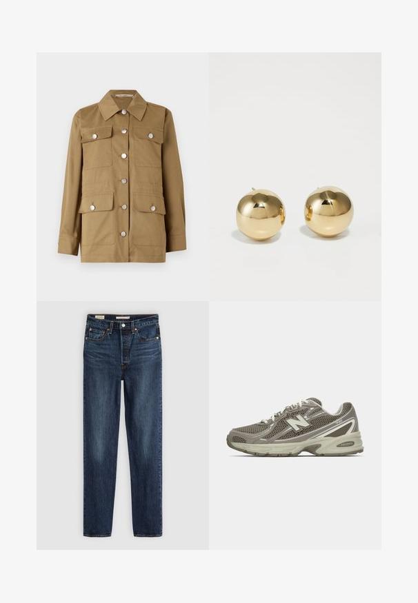 Khaki-jacka med klassisk krage, silverknappar, fyra framfickor och långa ärmar. Tillverkad av ett glansigt tyg med en strukturerad passform.; Beige långärmad skjorta i lätt tyg, med krage, knappstängning och rundad nederkant. Slät textur, avslappnad passform.; Mörkblå raka jeans med fem fickor, knapp- och dragkedjestängning och kontrastsytt.; Idrottssko i grå och beige mesh med en texturerad yta, utrustad med en dämpad sula, vita snören och reflekterande silvriga detaljer.; Guld runda studsörhängen med en polerad yta och liten post. Har en slät textur och reflekterande yta.